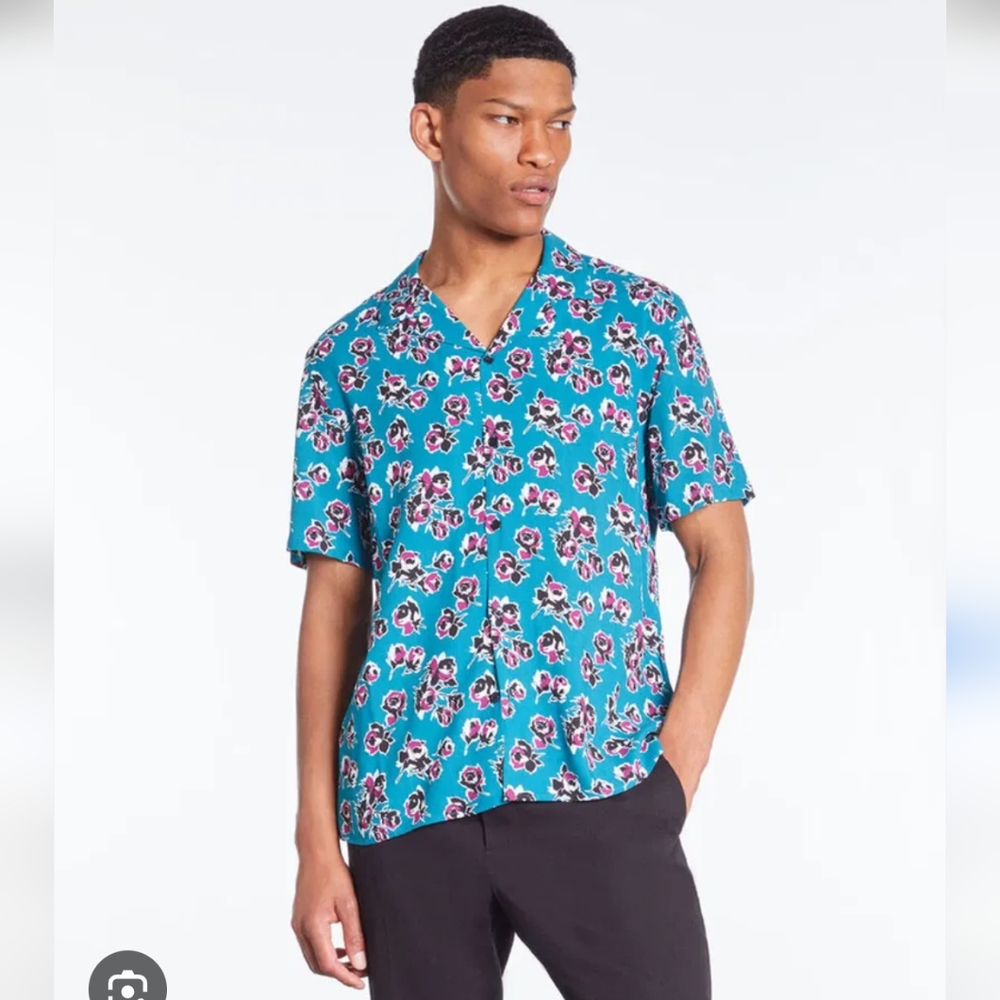 The Kooples Blue Button Down Floral Camp Polo Shirt Size M